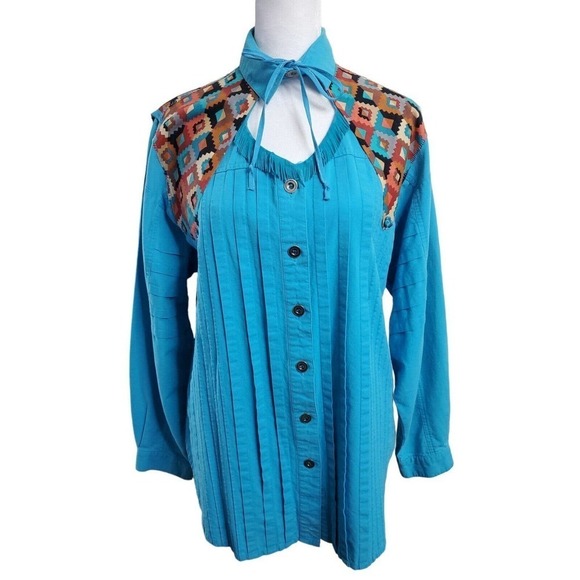 Together Tops - Vintage Together! Western Aztec Blue Button Up Womens Long Sleeve Shirt Rodeo M